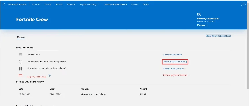 Turn off recurring billing of Fortnite Crew