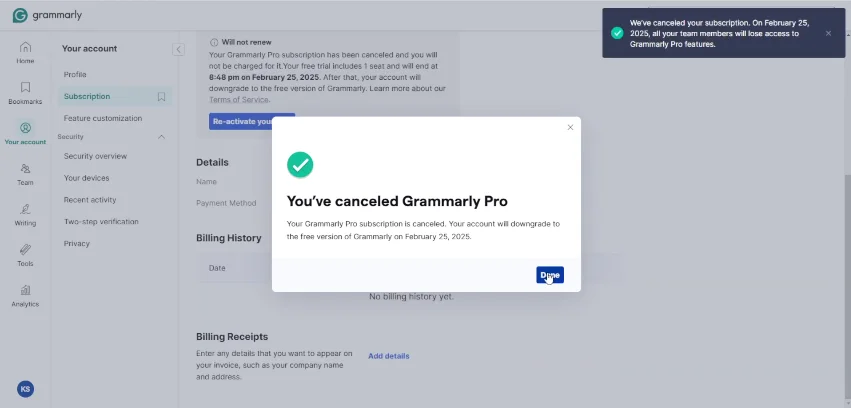 you have cancelled grammarly pro