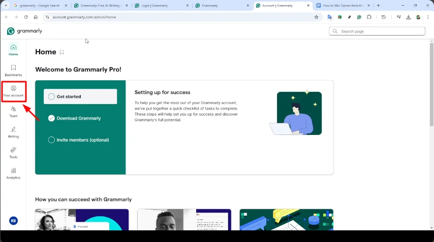 account button of your grammarly account